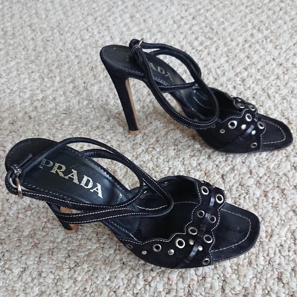 Prada black suede sandals with decorative metal grommets front details size 8 - Picture 5 of 13